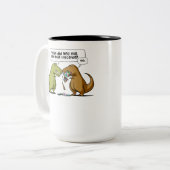 Tレックスの恐竜の男最後のユニコーンを食べました ツートーンマグカップ (正面左)