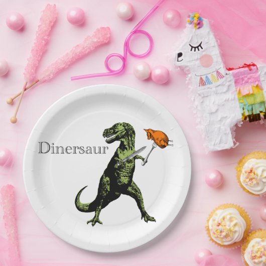 Tレックスはナイフ及びフォークを持つ鶏を食べます: Dinersaur… ペーパープレート (パーティー)
