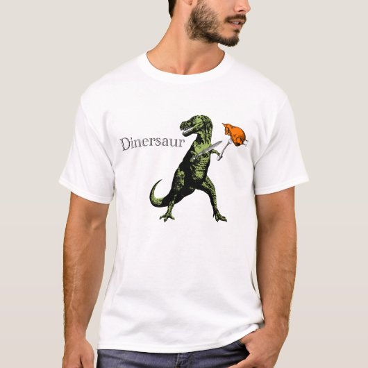 Tレックスはナイフ及びフォークを持つ鶏を食べます: Dinersaur… Tシャツ (正面)