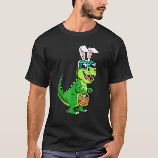 Tレックスイースターバニーと卵バスケット恐竜おもしろい Tシャツ (正面)