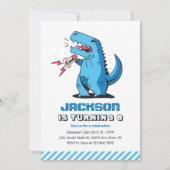 Tレックスカッコいいマンガブルー恐竜子供の誕生日 招待状 (正面)