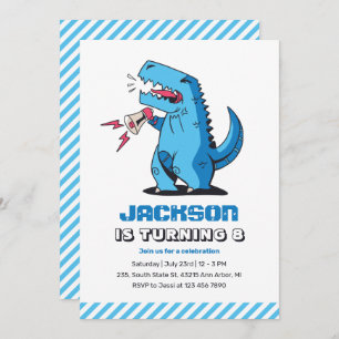 Tレックスカッコいいマンガブルー恐竜子供の誕生日 招待状