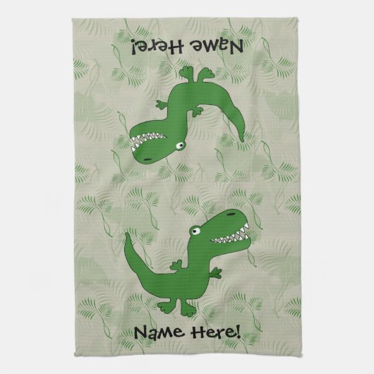 Tレックスティラノサウルスレックス恐竜の漫画の子供の少年 キッチンタオル (縦)