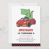 Tレックスドライバーレースクカーキッズボーイズ誕生日 招待状 (正面)