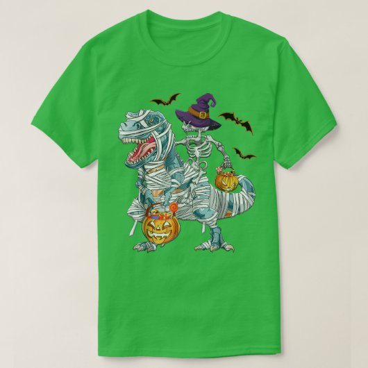 Tレックスハロウィンシャツウィッチハットパンプキンキャンディバスク Tシャツ (デザイン正面)