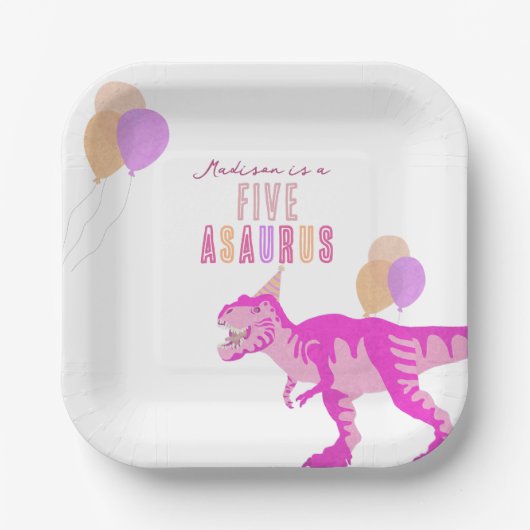 Tレックスピンクエイジかわいい恐竜の誕生日パーティー ペーパープレート (正面)