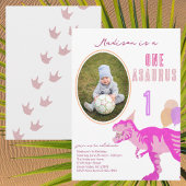 Tレックスピンクフォトエイジかわいい1歳の誕生日パーティー 招待状