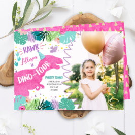 Tレックスピンク恐竜ガールディーノ4歳の誕生日 招待状