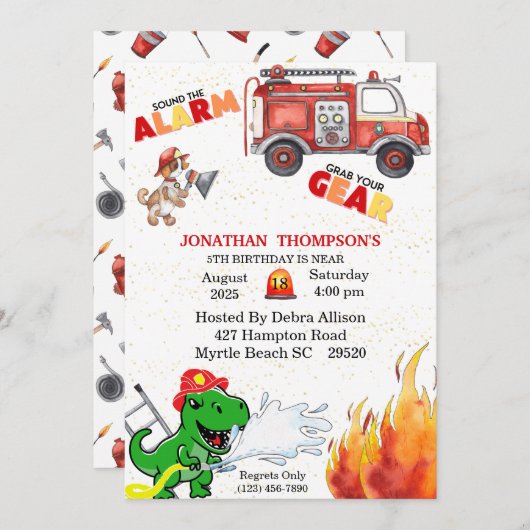 Tレックスファイアーマンズ5thバースデーパーティーへの招待 招待状 (正面/裏面)