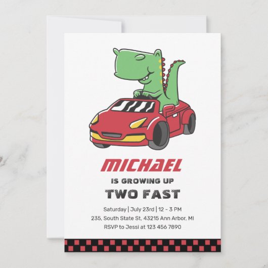 Tレックスレースカーツーファーストボーイズ誕生日招待状 招待状 (正面)