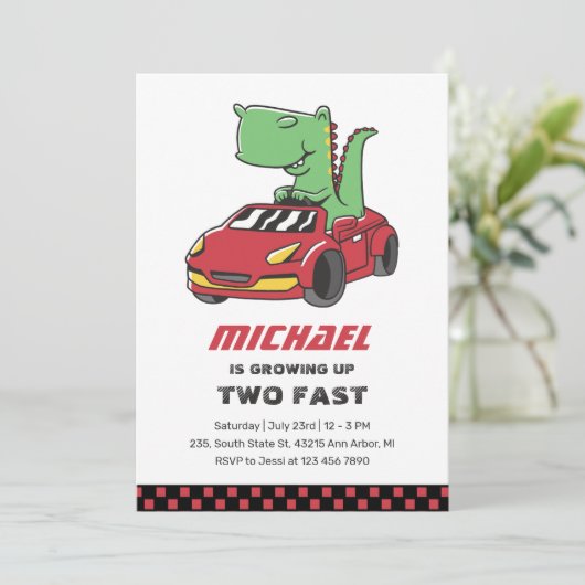 Tレックスレースカーツーファーストボーイズ誕生日招待状 招待状 (スタンド正面)