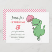 Tレックス乗り一輪車かわいい恐竜の女の子誕生日 招待状 (正面/裏面)