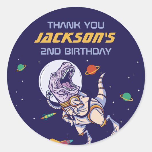 Tレックス宇宙飛行士宇宙子供の誕生日パーティー ラウンドシール (正面)