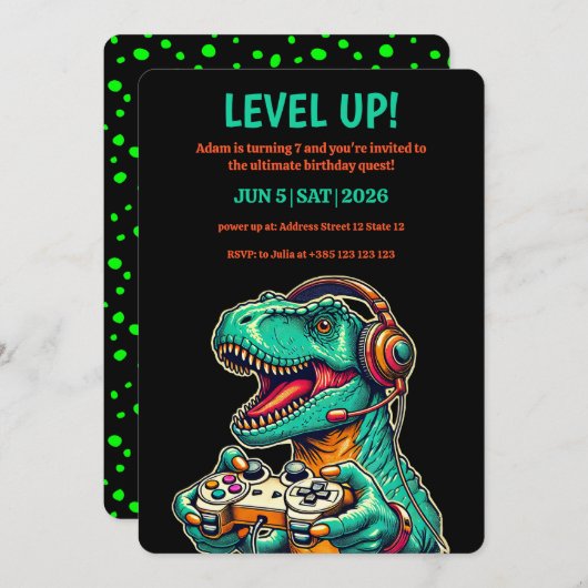 Tレックス少年の誕生日パーティーの招待状をレベルアップ 招待状 (正面/裏面)