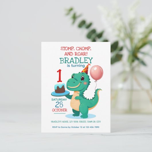 Tレックス恐竜の年齢誕生日パーティー招待状 ポストカード (スタンド正面)