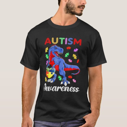 Tレックス恐竜の自閉症意識パズルピースの子供 Tシャツ (正面)