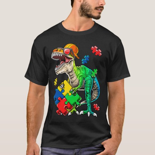 Tレックス恐竜の自閉症意識パズル作品のギフト Tシャツ (正面)