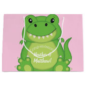 Tレックス恐竜の赤ちゃんシャワーピンク ラージペーパーバッグ (正面)