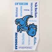 Tレックス恐竜の青パーソナライズされた名 ビーチタオル (正面)