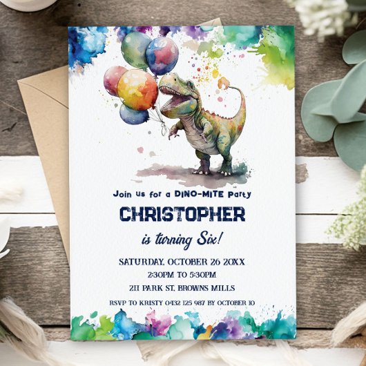 Tレックス恐竜の風船スプラッシュ誕生日パーティー 招待状