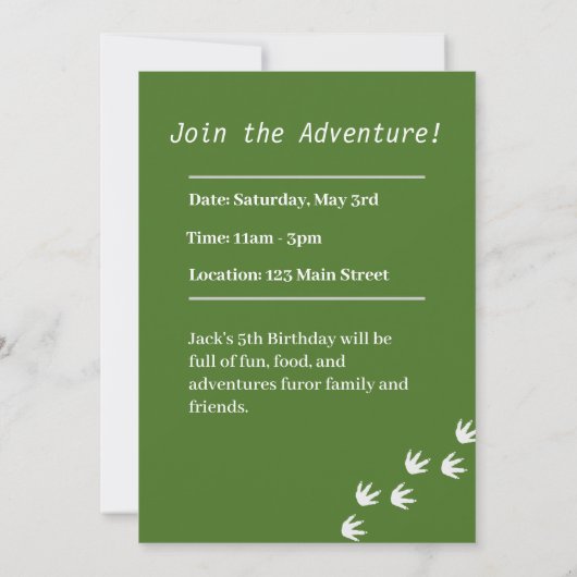 Tレックス恐竜アドベンチャーバースデーパーティーへの招待 招待状 (裏面)