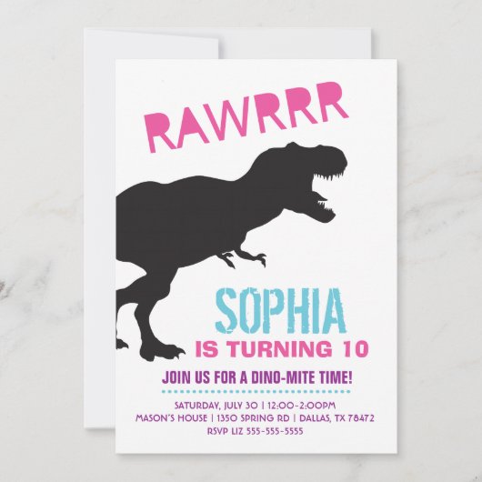 Tレックス恐竜ガールバースデーパーティーの招待状 招待状 (正面)