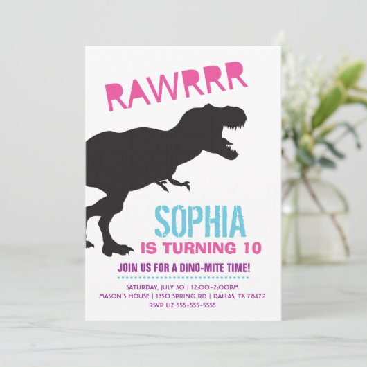 Tレックス恐竜ガールバースデーパーティーの招待状 招待状 (スタンド正面)