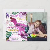 Tレックス恐竜ガール誕生日写真 招待状 (正面)