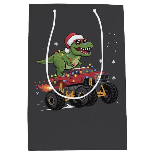 Tレックス恐竜クリスマスモンスタートラック ミディアムペーパーバッグ (正面)