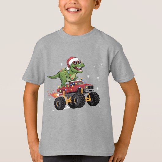 Tレックス恐竜クリスマスモンスタートラック Tシャツ (正面)