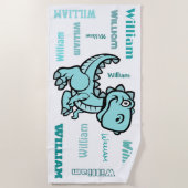 Tレックス恐竜ティール（緑がかった色）パーソナライズされた名 ビーチタオル (正面)