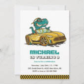 Tレックス恐竜ドライブイエローカーキッズボーイズ誕生日 招待状 (正面)