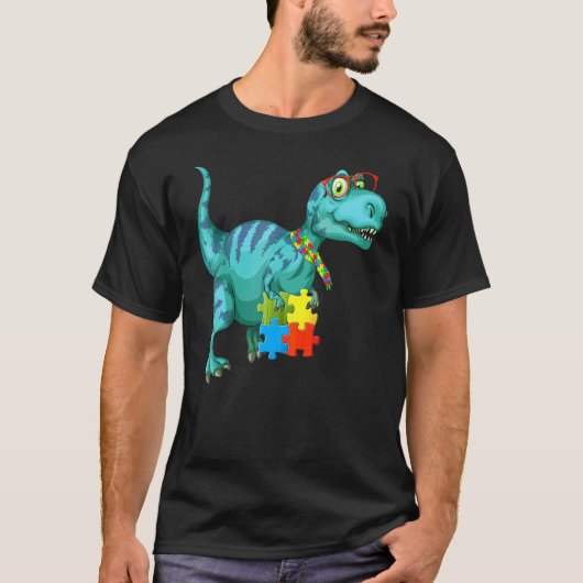 Tレックス恐竜パズルピース自閉症啓発 Tシャツ (正面)
