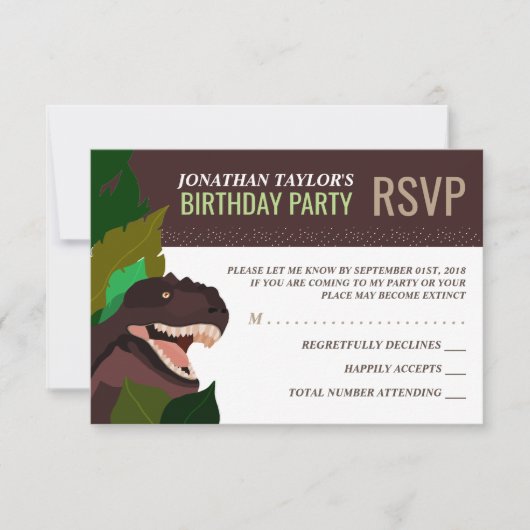 Tレックス恐竜パーティー子供の誕生日RSVP 招待状 (正面)