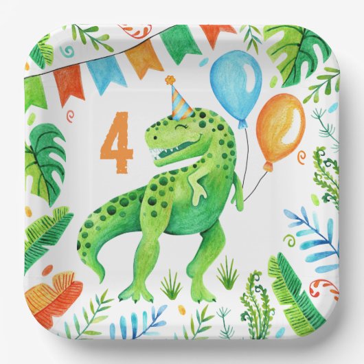 Tレックス恐竜ボーイズ誕生日水彩 ペーパープレート (正面)