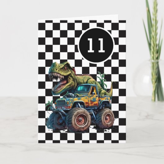 Tレックス恐竜モンスタートラック11誕生日 カード (正面)