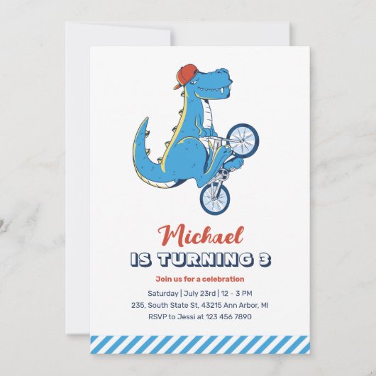 Tレックス恐竜ライド自転車キッズボーイズ誕生日 招待状 (正面)
