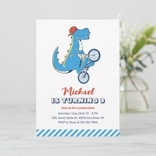 Tレックス恐竜ライド自転車キッズボーイズ誕生日 招待状 (スタンド正面)