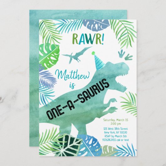 Tレックス恐竜ワンサウルスファースト誕生日 招待状 (正面/裏面)
