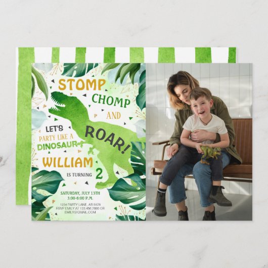 Tレックス恐竜少年誕生日写真 招待状 (正面/裏面)