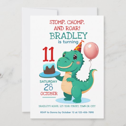 Tレックス恐竜第11回バースデーパーティーの招待状 招待状 (正面)