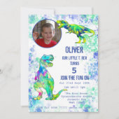 Tレックス恐竜第5誕生日フォトグリーンブルー 招待状 (正面)