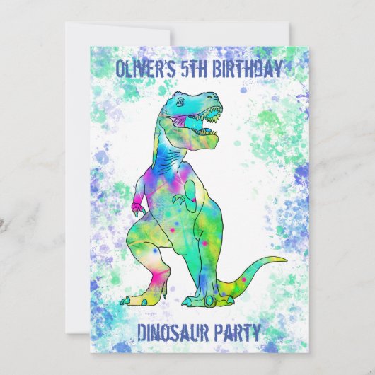 Tレックス恐竜第5誕生日フォトグリーンブルー 招待状 (裏面)