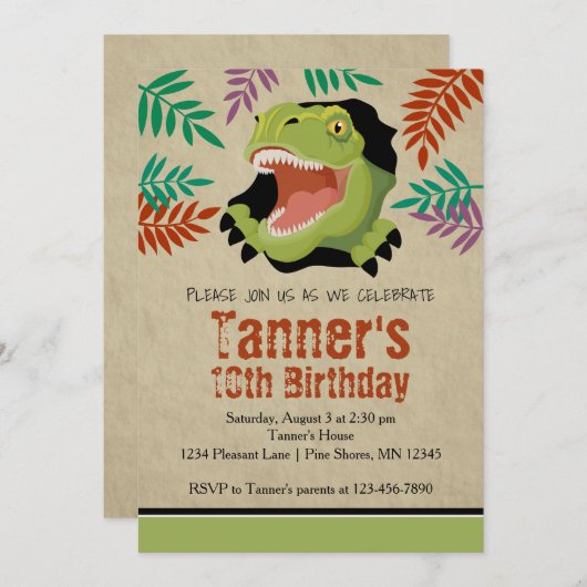 Tレックス恐竜誕生日招待状„u160緑 招待状 (正面/裏面)
