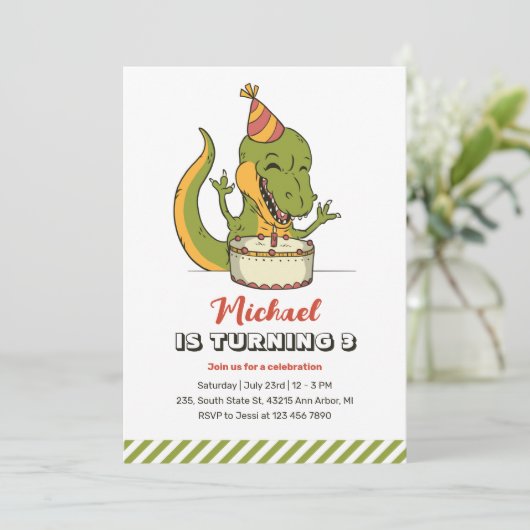 Tレックス恐竜1年ケーキ子供の誕生日 招待状 (スタンド正面)