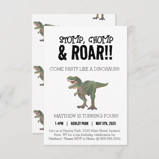 Tレックス恐竜4th誕生日パーティの招待状 招待状 (正面/裏面)