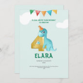 Tレックス恐竜4th誕生日招待状キッズパーティー 招待状 (正面/裏面)