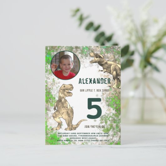 Tレックス恐竜5thバースデーパーティー写真 インビテーションポストカード (スタンド正面)