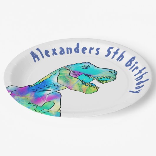 Tレックス恐竜5th誕生日パーティー追加の名前 ペーパープレート (アングル)