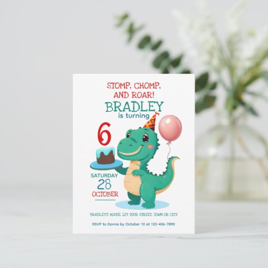 Tレックス恐竜6歳誕生日パーティー招待状 ポストカード (スタンド正面)